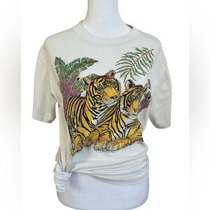 VTG 90’s airbrushed glitter tropical tigers wildlife graphic whimsical tee M USA